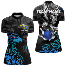 Load image into Gallery viewer, Black and Blue Tribal Eagle Bowling Polo, Quarter Zip Shirts For Women Custom Eagle Bowling Team Shirt NQS9716