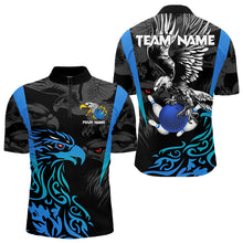 Load image into Gallery viewer, Black and Blue Tribal Eagle Bowling Polo, Quarter Zip Shirts For Men Custom Eagle Bowling Team Shirt NQS9716