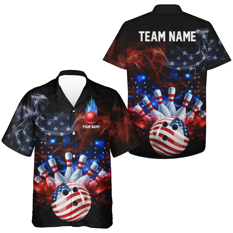 Personalized Smoke American Flag Bowling Team Hawaiian shirts Custom Patriotic Bowling Gifts NQS9717