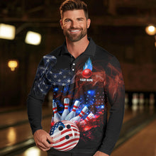 Load image into Gallery viewer, Personalized Smoke American Flag Bowling Team Shirts For Men Custom Patriotic Bowling Gifts For Bowler NQS9717
