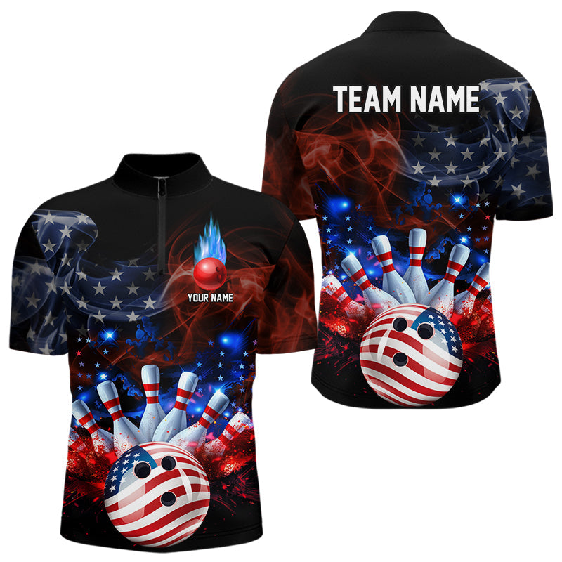 Personalized Smoke American Flag Bowling Team Shirts For Men Custom Patriotic Bowling Gifts For Bowler NQS9717