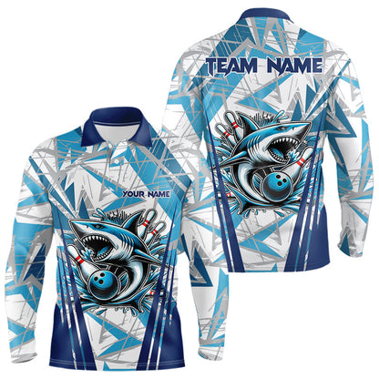 Personalized Blue Camo Shark Bowling Team Shirts For Men Custom Shark Bowling Polo, Quarter Zip Shirt NQS9719