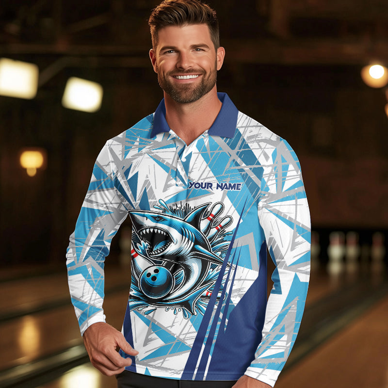 Personalized Blue Camo Shark Bowling Team Shirts For Men Custom Shark Bowling Polo, Quarter Zip Shirt NQS9719