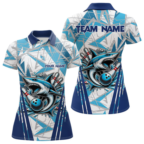 Personalized Blue Camo Shark Bowling Team Shirt For Women Custom Shark Bowling Polo, Quarter Zip Shirt NQS9719