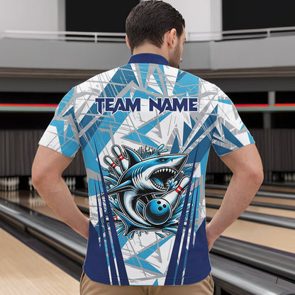 Personalized Blue Camo Shark Bowling Team Shirts For Men Custom Shark Bowling Polo, Quarter Zip Shirt NQS9719