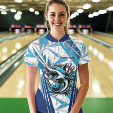 Load image into Gallery viewer, Personalized Blue Camo Shark Bowling Team Shirt For Women Custom Shark Bowling Polo, Quarter Zip Shirt NQS9719
