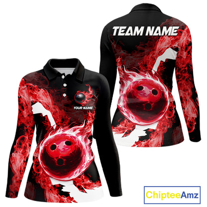 Red Flame Fire Bowling Shirts for Women Custom Bowling Team Jersey Bowling Polo & Quarter-Zip Shirts NQS11751