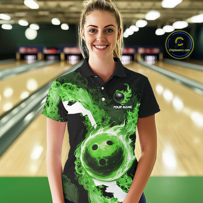 Green Flame Fire Bowling Shirts for Women Custom Bowling Team Jersey Bowling Polo & Quarter-Zip Shirts NQS11752