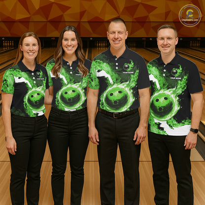 Green Flame Fire Bowling Shirts for Women Custom Bowling Team Jersey Bowling Polo & Quarter-Zip Shirts NQS11752