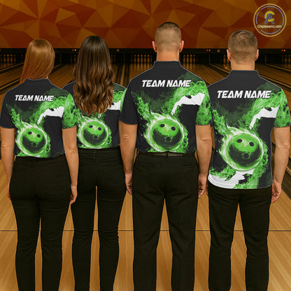 Green Flame Fire Bowling Shirts for Women Custom Bowling Team Jersey Bowling Polo & Quarter-Zip Shirts NQS11752