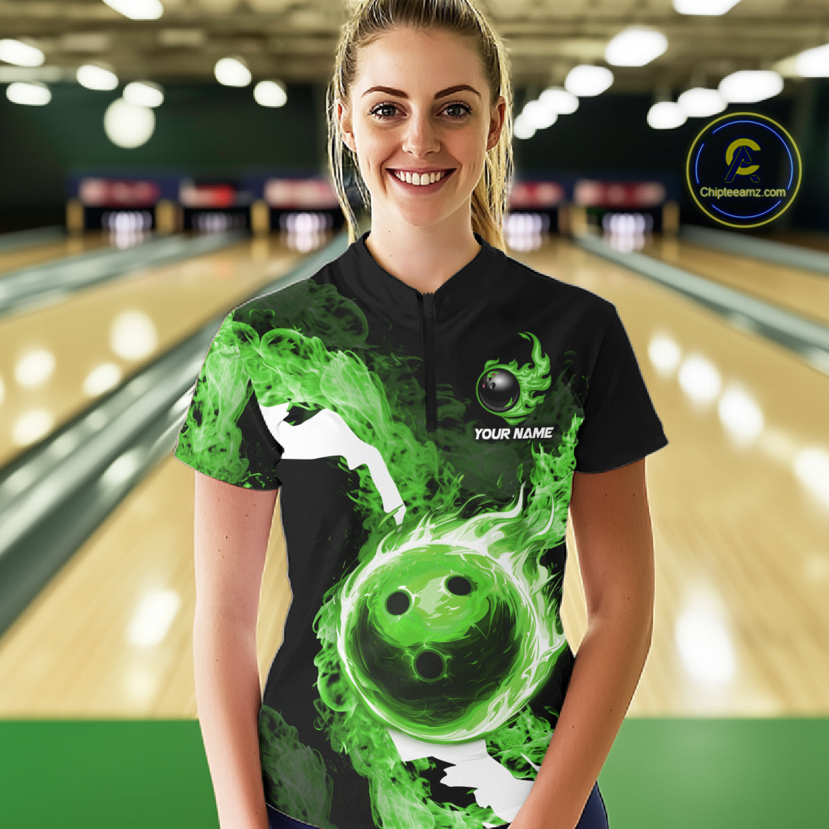 Green Flame Fire Bowling Shirts for Women Custom Bowling Team Jersey Bowling Polo & Quarter-Zip Shirts NQS11752
