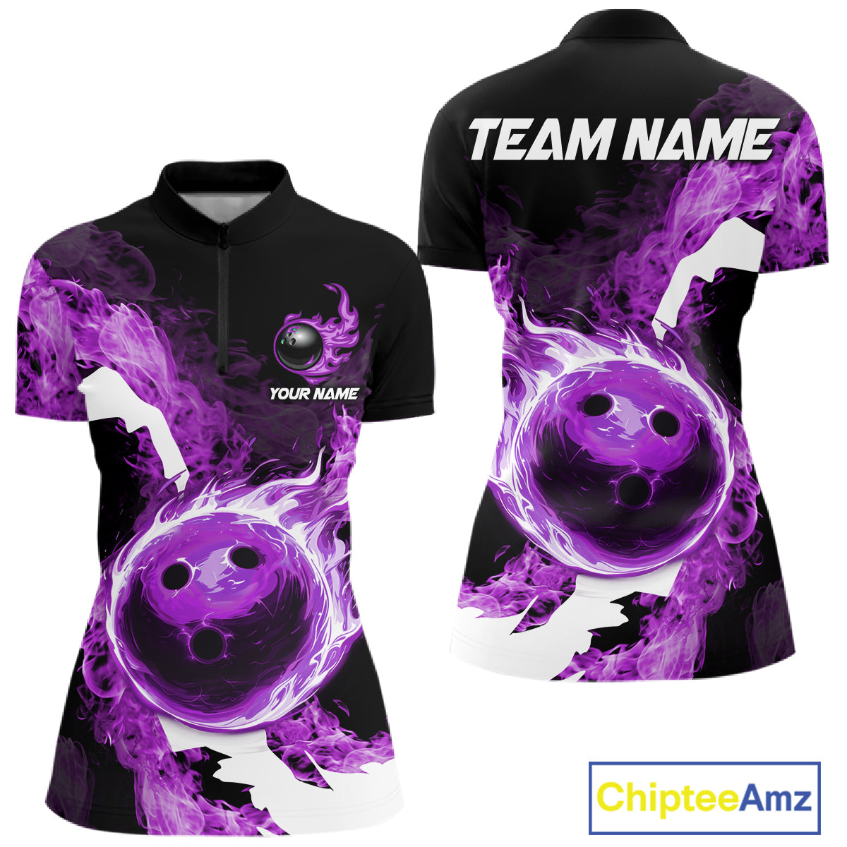 Purple Flame Fire Bowling Shirts for Women Custom Bowling Team Jersey Bowling Polo & 1/4-Zip Shirts NQS11753