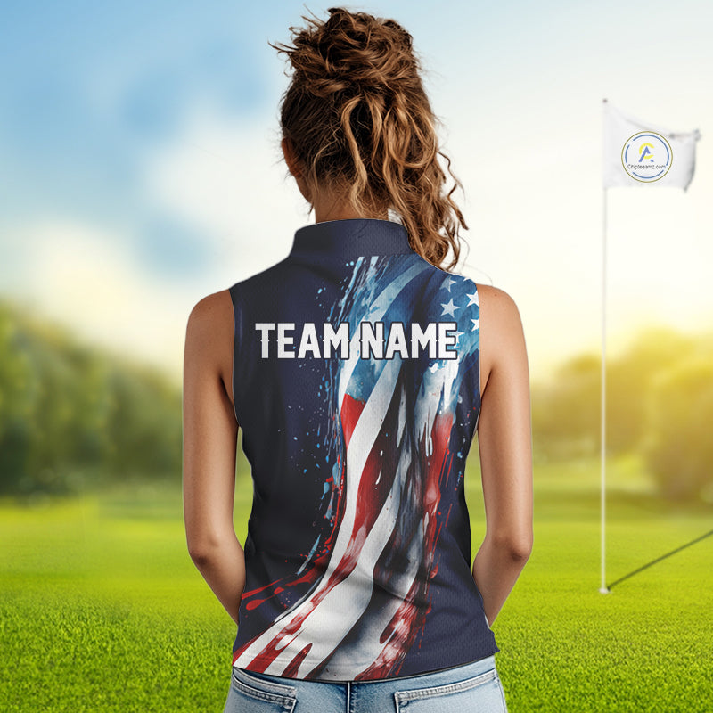 American flag Navy Blue Women sleeveless golf polo shirts Custom team patriotic golf top for ladies NQS9979