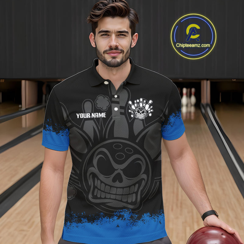 Black and Blue Funny Bowling Polo, Quarter Zip Shirt for Men Custom Bowling Team Jersey NQS9982