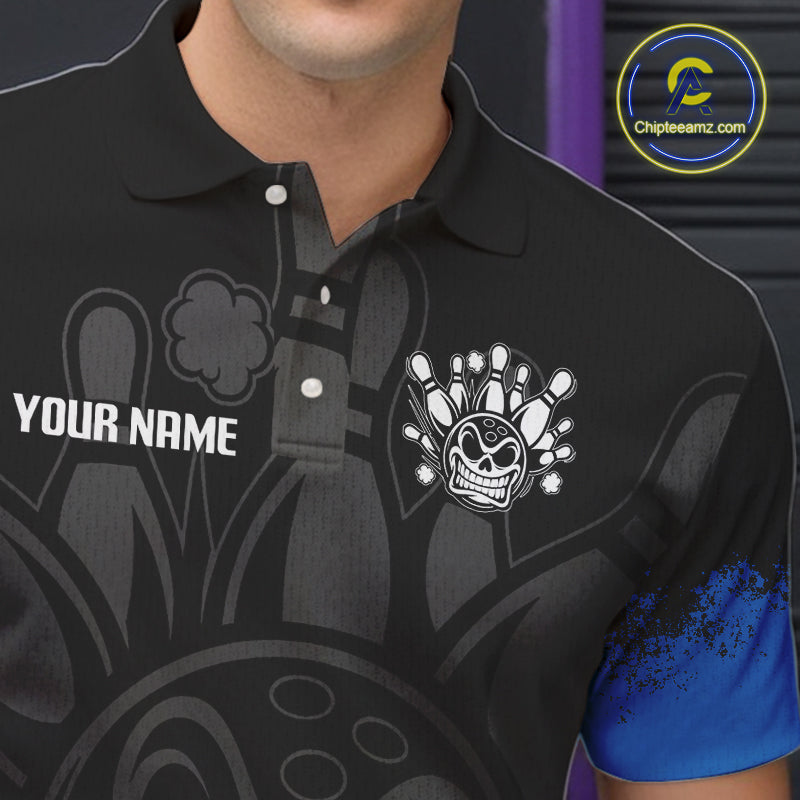 Black and Blue Funny Bowling Polo, Quarter Zip Shirt for Men Custom Bowling Team Jersey NQS9982