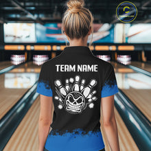 Load image into Gallery viewer, Black and Blue Funny Bowling Polo, Quarter Zip Shirt for Women Custom Bowling Team Jersey NQS9982