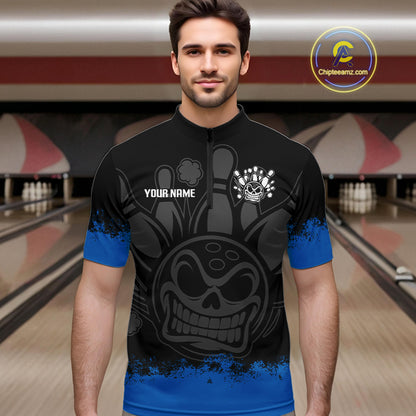 Black and Blue Funny Bowling Polo, Quarter Zip Shirt for Men Custom Bowling Team Jersey NQS9982