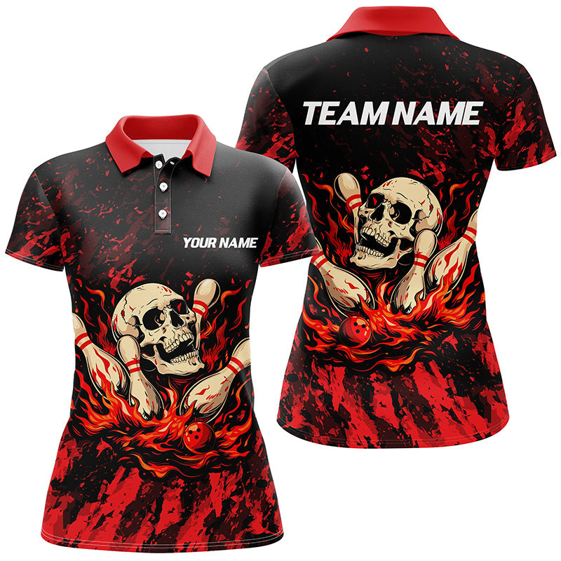 Red Camo Skull Flame Bowling Polo, 1/4 Quarter Zip Shirts For Women, Custom Name Bowling Team Jerseys NQS7851