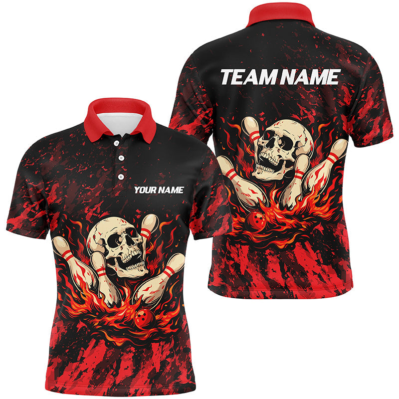 Red Camo Skull Flame Bowling Polo, 1/4 Quarter Zip Shirts For Men, Custom Name Bowling Team Jerseys NQS7851