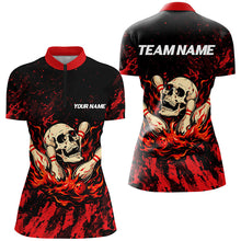 Load image into Gallery viewer, Red Camo Skull Flame Bowling Polo, 1/4 Quarter Zip Shirts For Women, Custom Name Bowling Team Jerseys NQS7851