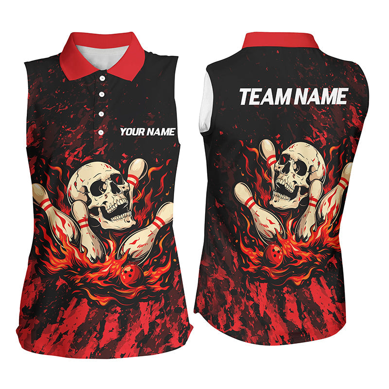 Red Camo Skull Flame Bowling Sleeveless Polo Shirts For Women, Custom Name Bowling Team Jerseys NQS7851