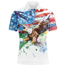 Load image into Gallery viewer, Watercolor American Flag Eagle golf ball custom Mens golf polo shirts, patriotic mens golf jerseys NQS7853