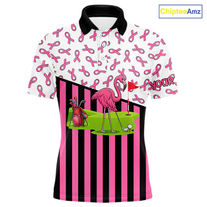 Pink ribbon pattern flamingo Men golf polo shirts Custom breast cancer awareness golf outfit for men NQS10149