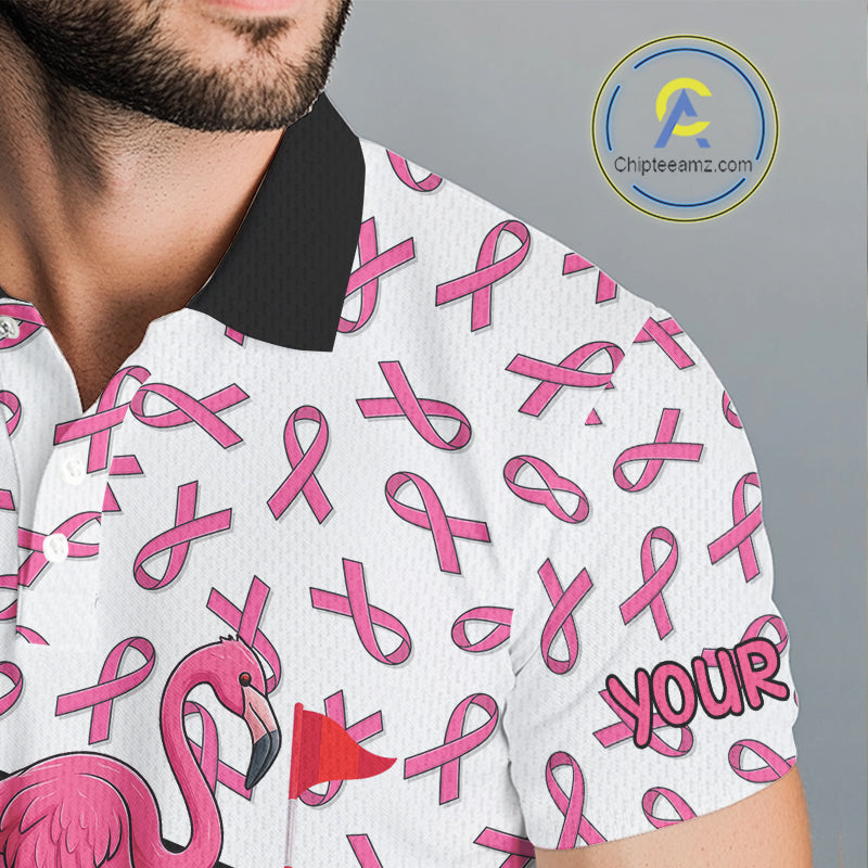 Pink ribbon pattern flamingo Men golf polo shirts Custom breast cancer awareness golf outfit for men NQS10149