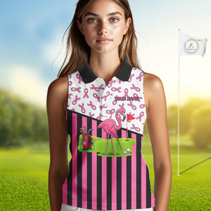 Pink ribbon pattern flamingo Women sleeveless polo shirt Custom breast cancer awareness golf outfit NQS10149