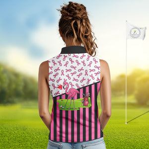 Pink ribbon pattern flamingo Women sleeveless polo shirt Custom breast cancer awareness golf outfit NQS10149