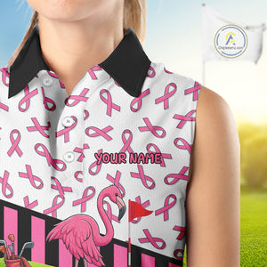Pink ribbon pattern flamingo Women sleeveless polo shirt Custom breast cancer awareness golf outfit NQS10149