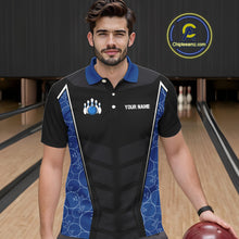 Load image into Gallery viewer, Black and Blue Camo Flame Mens Bowling Polo, quarter zip shirts Custom team bowling league jersey NQS10150