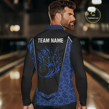 Load image into Gallery viewer, Black and Blue Camo Flame Mens Bowling Polo, quarter zip shirts Custom team bowling league jersey NQS10150