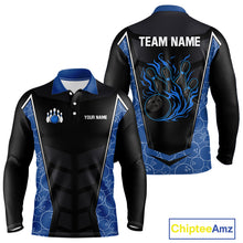 Load image into Gallery viewer, Black and Blue Camo Flame Mens Bowling Polo, quarter zip shirts Custom team bowling league jersey NQS10150