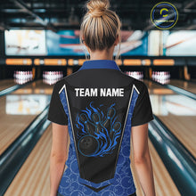 Load image into Gallery viewer, Black and Blue Camo Flame Women Bowling Polo, quarter zip shirts Custom team bowling league jersey NQS10150