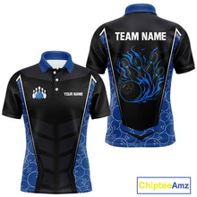 Load image into Gallery viewer, Black and Blue Camo Flame Mens Bowling Polo, quarter zip shirts Custom team bowling league jersey NQS10150
