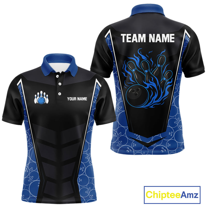 Black and Blue Camo Flame Mens Bowling Polo, quarter zip shirts Custom team bowling league jersey NQS10150