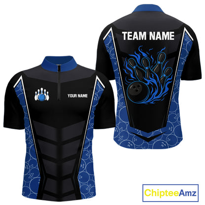 Black and Blue Camo Flame Mens Bowling Polo, quarter zip shirts Custom team bowling league jersey NQS10150