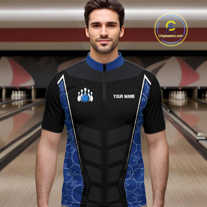 Black and Blue Camo Flame Mens Bowling Polo, quarter zip shirts Custom team bowling league jersey NQS10150