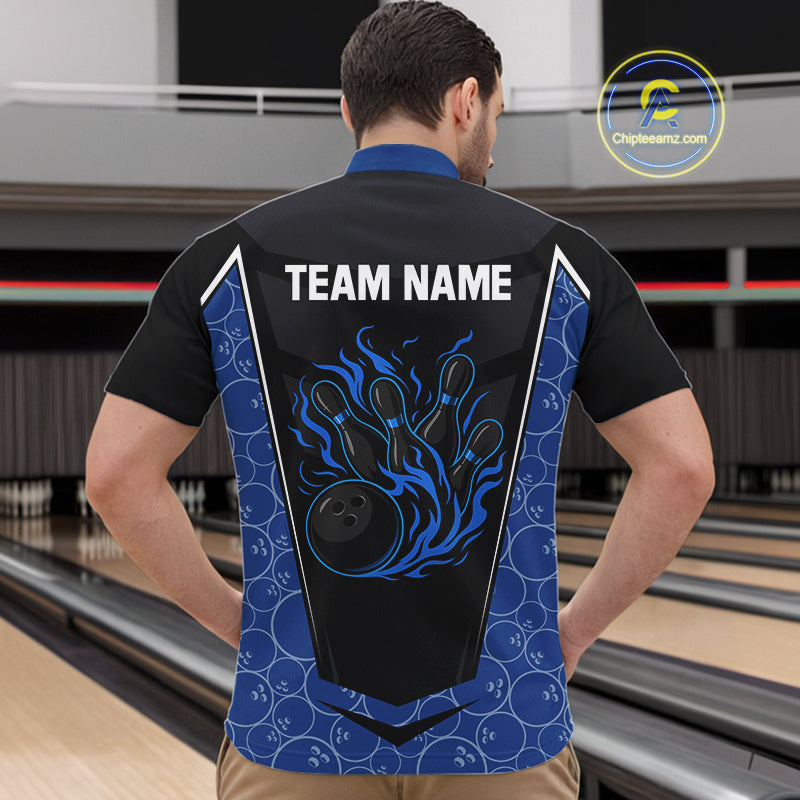 Black and Blue Camo Flame Mens Bowling Polo, quarter zip shirts Custom team bowling league jersey NQS10150
