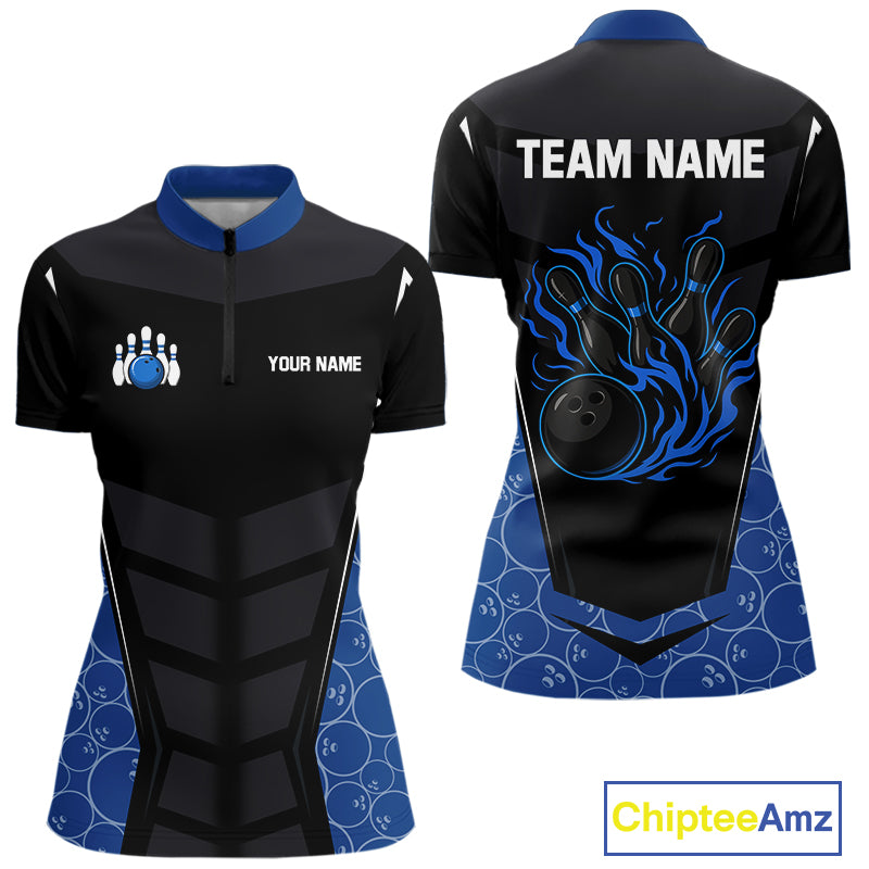 Black and Blue Camo Flame Women Bowling Polo, quarter zip shirts Custom team bowling league jersey NQS10150