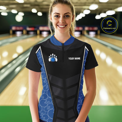 Black and Blue Camo Flame Women Bowling Polo, quarter zip shirts Custom team bowling league jersey NQS10150