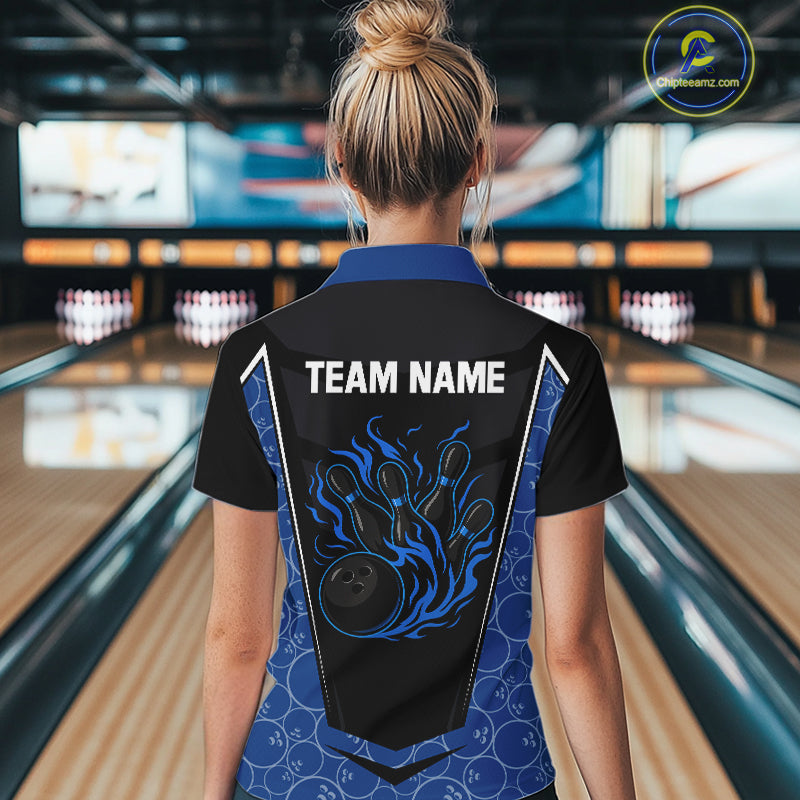 Black and Blue Camo Flame Women Bowling Polo, quarter zip shirts Custom team bowling league jersey NQS10150