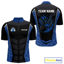 Load image into Gallery viewer, Black and Blue Camo Flame Mens Bowling Polo, quarter zip shirts Custom team bowling league jersey NQS10150