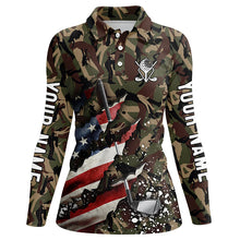 Load image into Gallery viewer, American Flag Golf clubs Camo Womens golf polo shirts custom patriotic golf apparel for ladies NQS8069