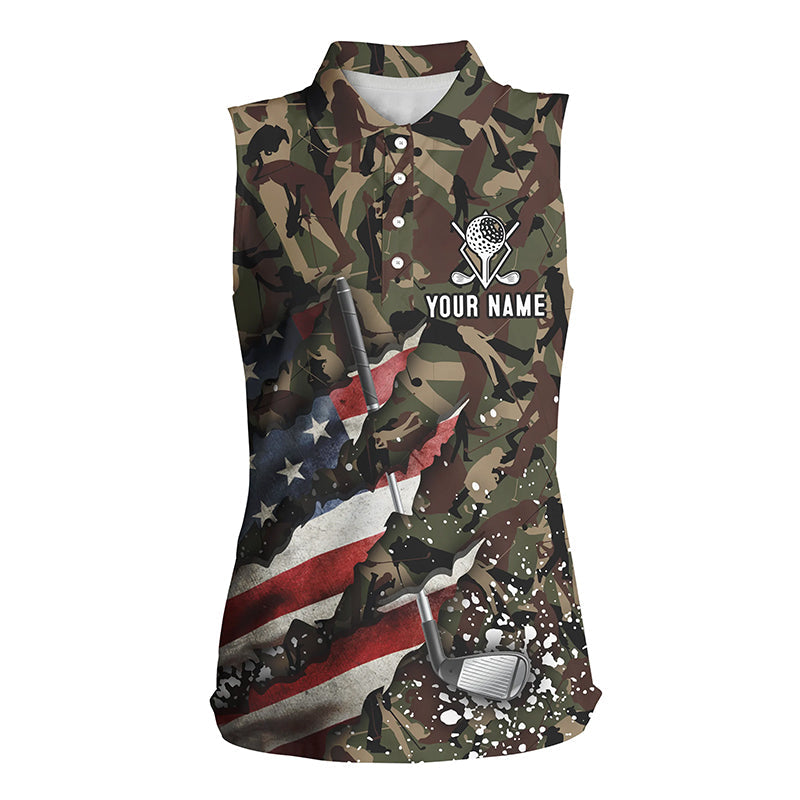 American Flag Golf clubs Camo Womens sleeveless polo shirts custom patriotic golf apparel for ladies NQS8069