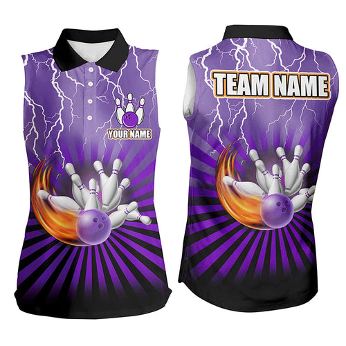 Women Sleeveless Polo Shirt Custom lightning storm vintage Bowling Team Jersey, Bowler gifts | Purple NQS8283