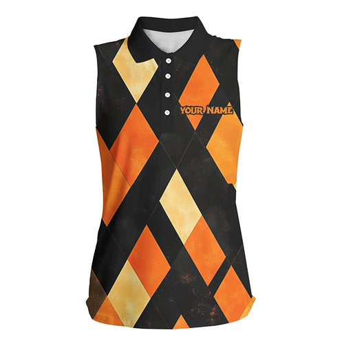 Black and orange argyle pattern Womens sleeveless polo shirts custom ladies halloween golf shirt NQS8290