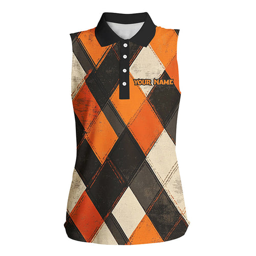 Orange argyle pattern Womens sleeveless polo shirts custom ladies halloween golf shirt NQS8291