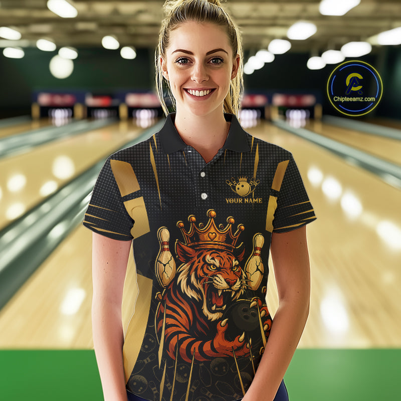 Personalized Black and Gold Tiger Bowling Shirt For Women Custom Team bowling jersey, gift for Bowler NQS10474
